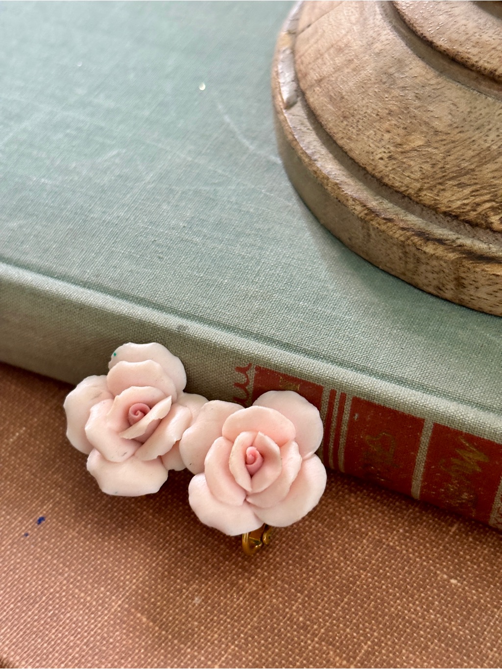 Vintage Pink Porcelain Rose Clip-On Earrings